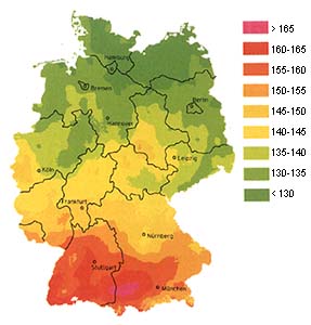 Globalstrahlung, August 2001; aus: SONNENENERGIE (2001,5; S.80)